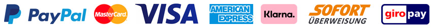 wir liefern auf PayPal, Mastercard, Visa, American Express, Sofort�berweisung, Klarna und GiroPay